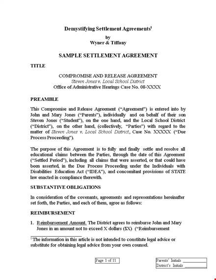 settlement agreement - reach a resolution with parties in your district template