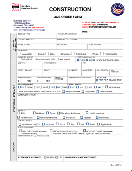 construction job order form | email, contact, federal | templates template