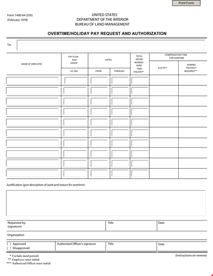 overtime pay request authorization form template