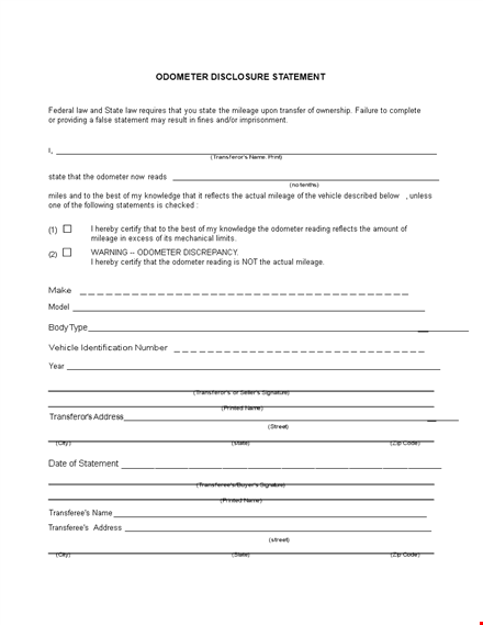 odometer disclosure statement - official state mileage statement template