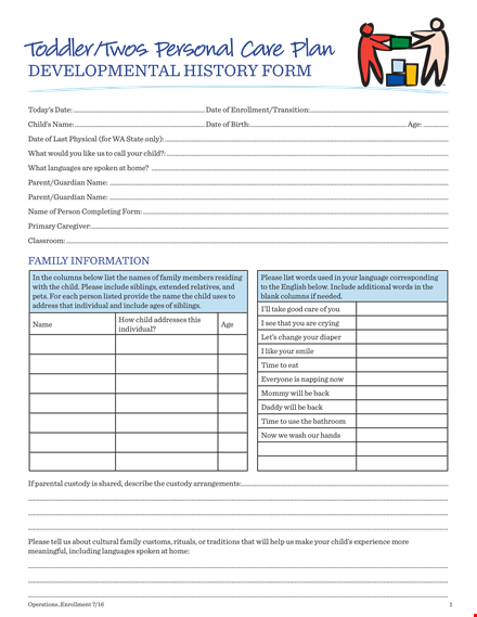 toddler personal care plan template template
