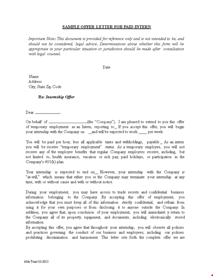 internship appointment letter for company template