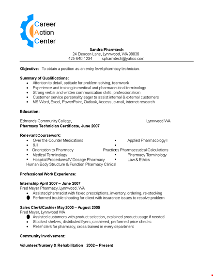 pharmacy technician resume | technician, lynnwood | terminology, problem solver template
