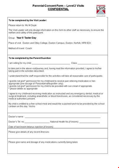 parental consent form template - visit with child | leader please template