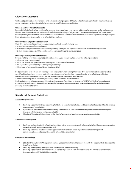 general objective for resume template