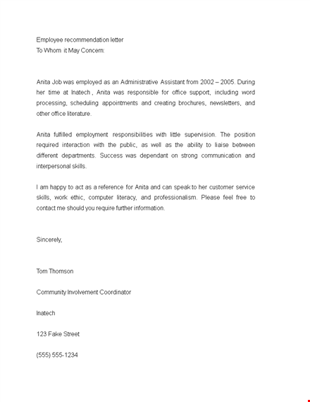 professional recommendation letter template for employee's office skills template