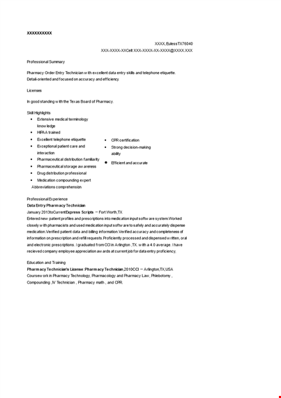 data entry pharmacy technician resume example template
