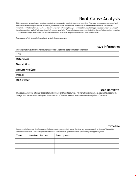 root cause analysis template | identify issues, conduct analysis, take corrective actions template