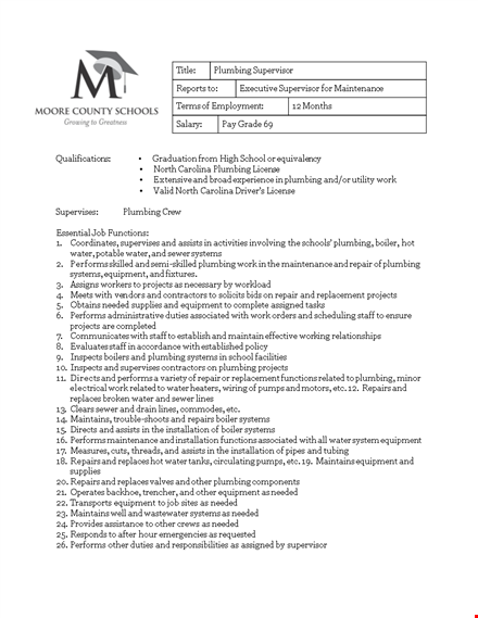 plumbing supervisor job description template