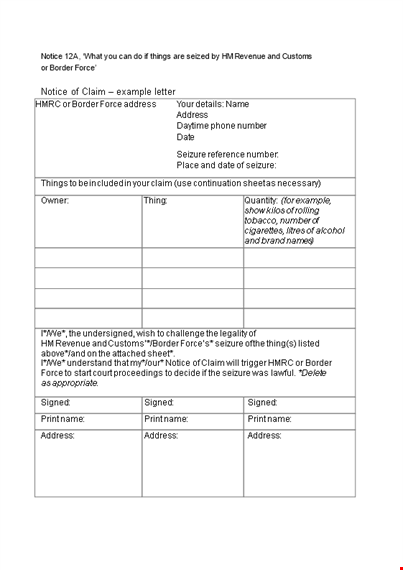 notice of claim letter template template