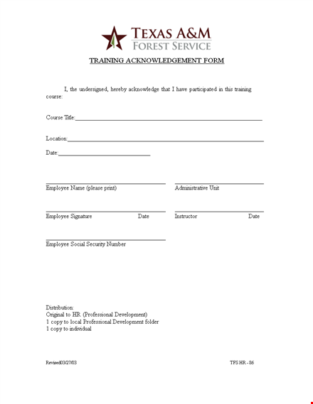 training acknowledgment form template