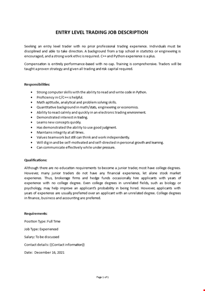 trading fresher job description template