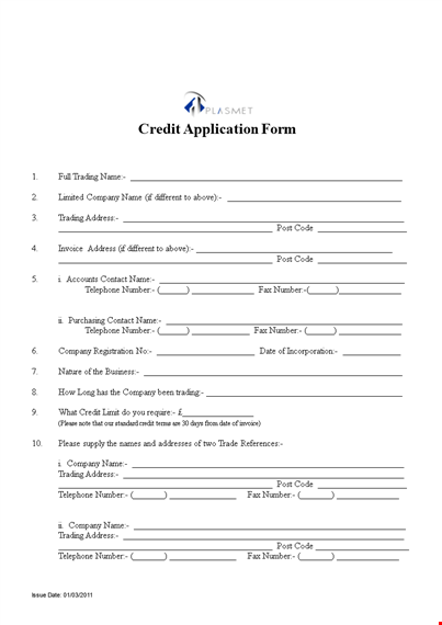 credit application form for trading - number, address | company name template