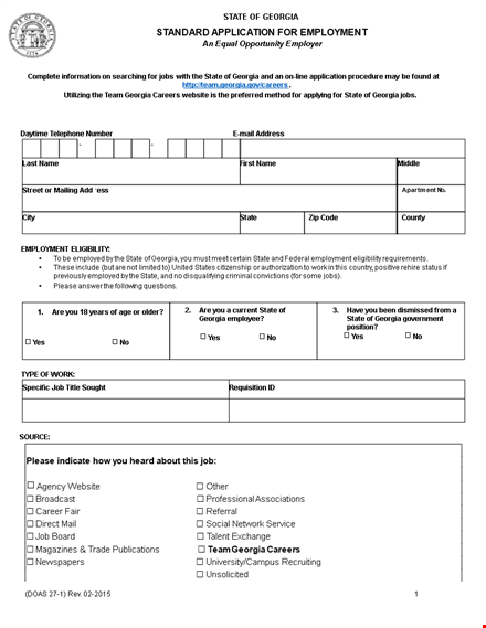 standard application for employment form template