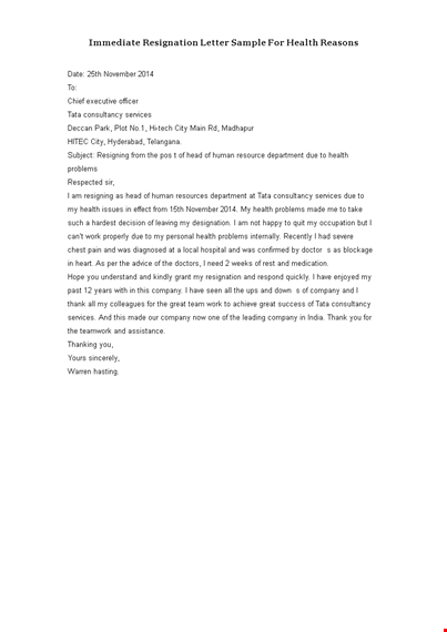 resignation letter immediate effect health reason template