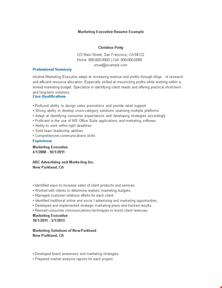 marketing executive resume example template