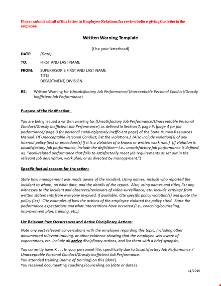 employee warning letter - written disciplinary action for performance template