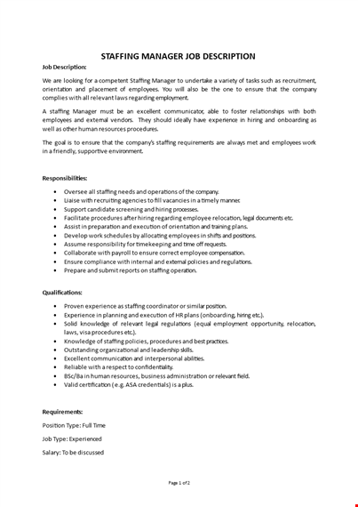 staffing manager job description template