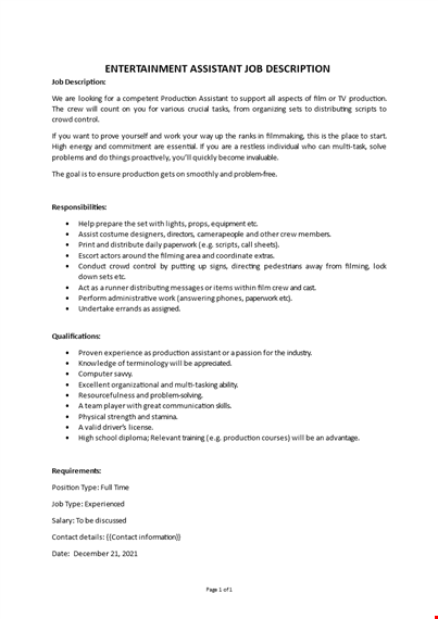 entertainment assistant job description template