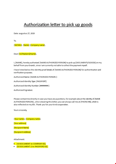 Authorization Letter To Pick Up Goods