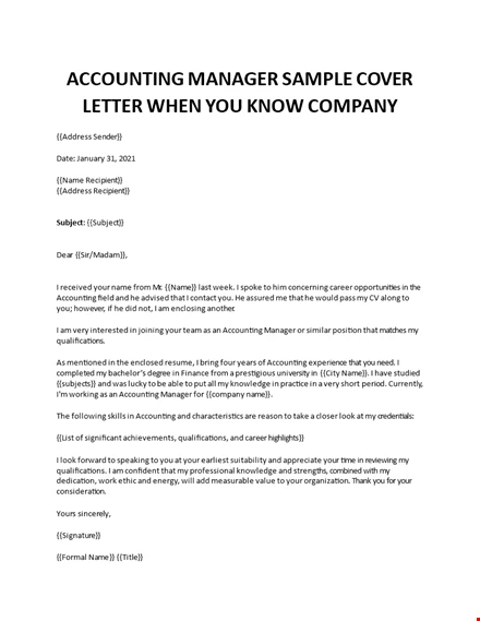 Accounting Manager Cover Letter Sample
